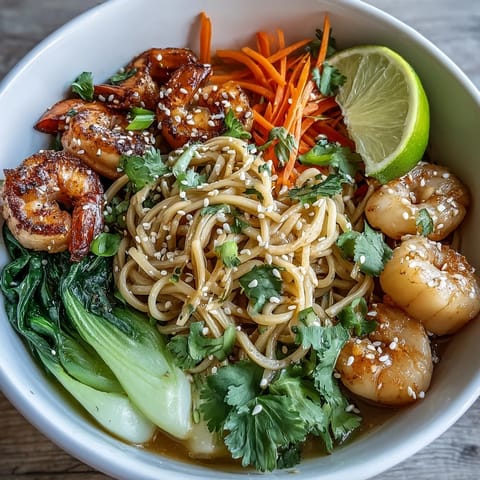 Vibrant Asian Noodle Bowl with Shrimp and Scallops, brimming with tender seafood, crisp vegetables, and silky noodles in savory broth.  