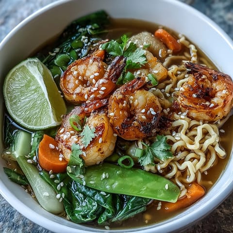 Steaming Asian Noodle Bowl with Shrimp and Scallops, featuring succulent shellfish, fresh veggies, and aromatic broth for a satisfying meal.  