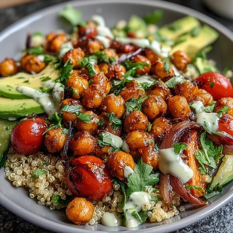 Vibrant grain bowl with roasted chickpeas, fresh vegetables, and zesty lemon vinaigrette drizzled on top.