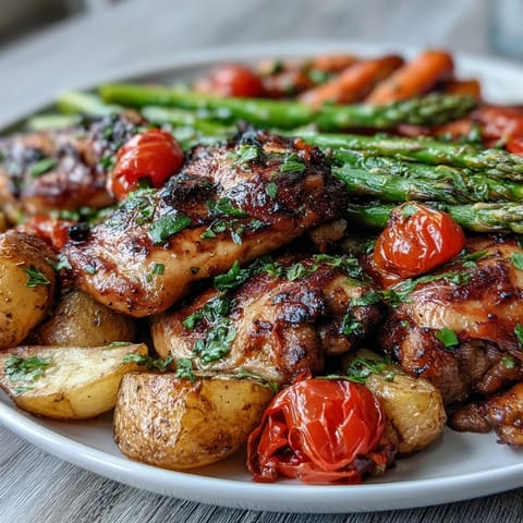 Healthy Easy Sheet Pan Chicken with Spring Veggies sizzling on a tray with colorful asparagus, cherry tomatoes, and bell peppers. Juicy chicken and fresh vegetables roasted to perfection for a wholesome dinner.