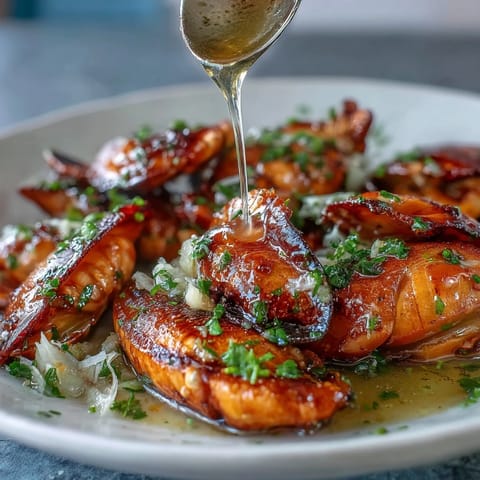 Golden seared scallops glistening in a vibrant lemon butter sauce, garnished with fresh parsley for a bright, elegant seafood dinner.
