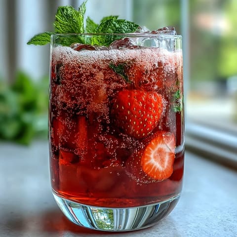 A vibrant glass of strawberry lemon sparkling mocktail with fresh strawberry and lemon garnish, perfect for summer gatherings.