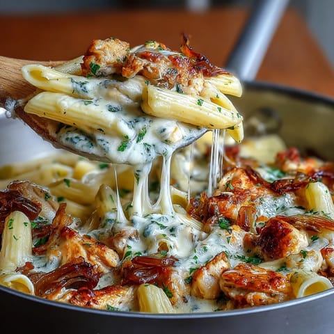 One-pot French onion chicken pasta with caramelized onions and melty Gruyère cheese in a savory broth.