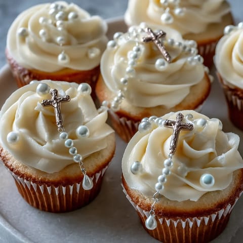 Delicate mini vanilla cupcakes with creamy buttercream frosting and fondant rosary toppers for First Communion celebrations.  