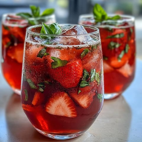Strawberry Basil Lemonade Mocktail Pitcher with fresh strawberries and basil leaves in a clear glass pitcher, garnished with lemon slices and ice cubes.