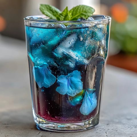 A vibrant glass of butterfly pea flower lemonade changing from blue to purple with fresh lemon slices and ice.
