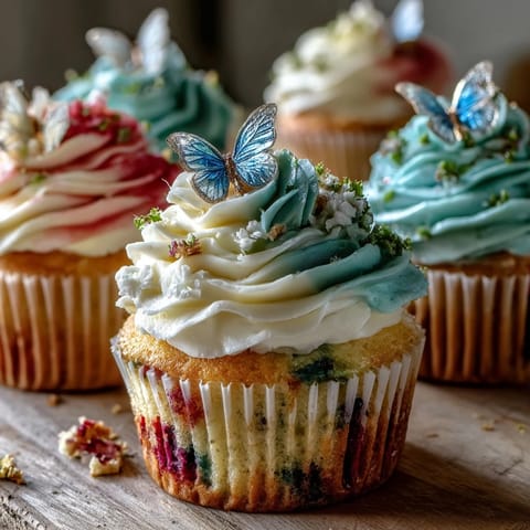 Spring Cupcakes with Pastel Butterfly Buttercream: Delicate vanilla cupcakes topped with pastel buttercream and edible butterfly toppers for a festive spring dessert.  