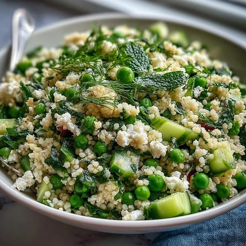 Spring Pea and Mint Couscous Salad with vibrant green peas and fresh herbs in a light lemon dressing. A refreshing, healthy Mediterranean side dish perfect for spring gatherings or Easter meals. Fluffy couscous combined with crisp cucumbers, radishes, and aromatic mint creates a colorful, nutritious salad that's both satisfying and easy to prepare.