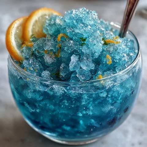 Blue Raspberry Lemonade Slushie in a frosty glass, garnished with lemon slices and mint leaves for a refreshing summer drink.