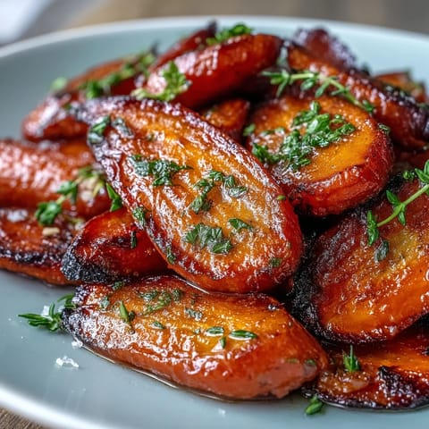 Honey Glazed Roasted Carrots with Thyme, glistening with sweet honey and fresh thyme, roasted until tender and caramelized.