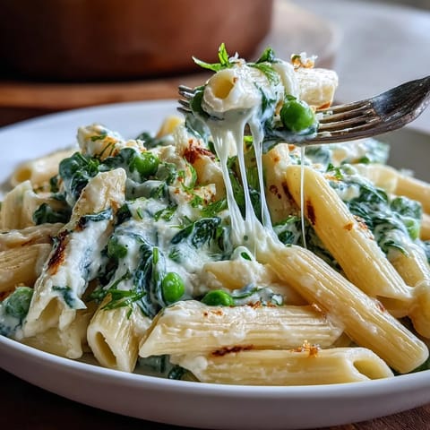 Vibrant One-Pot Lemon Ricotta Pasta with Peas and Spinach in a creamy sauce.  