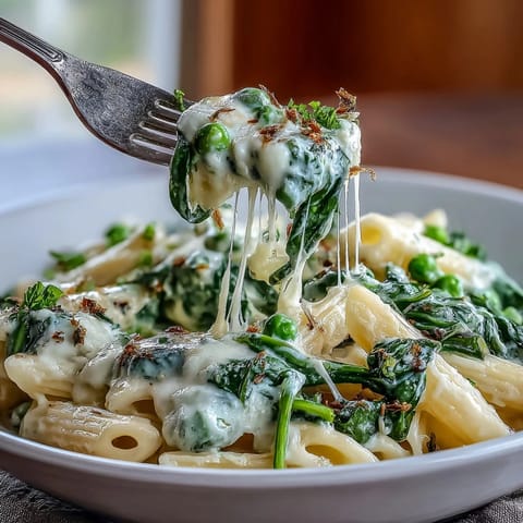 Creamy ricotta pasta with fresh lemon, green peas, and wilted spinach in a single pot.  