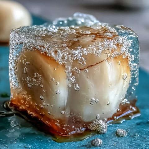 Delicate lychee agar jelly cubes served in sparkling yuzu water for a refreshing summer dessert.