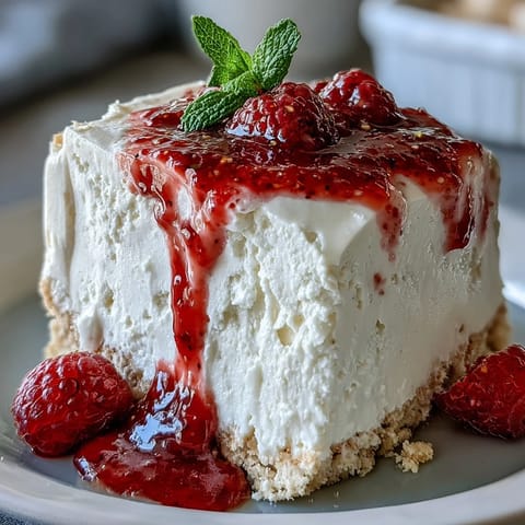 Luscious Mother's Day no-bake cheesecake topped with vibrant, homemade raspberry coulis.