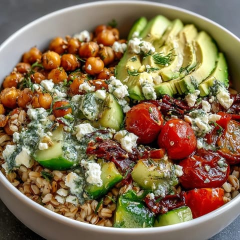 Colorful Ancient Grains Bowl with lemon tahini dressing and fresh veggies.