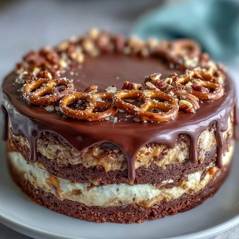 Decadent Father's Day Chocolate Peanut Butter Pretzel Cake with ganache drizzled.