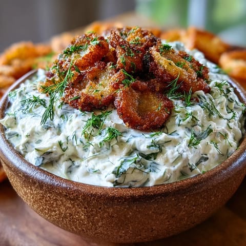 Creamy fried pickle dip with golden fried pickle garnish, ready for dipping.