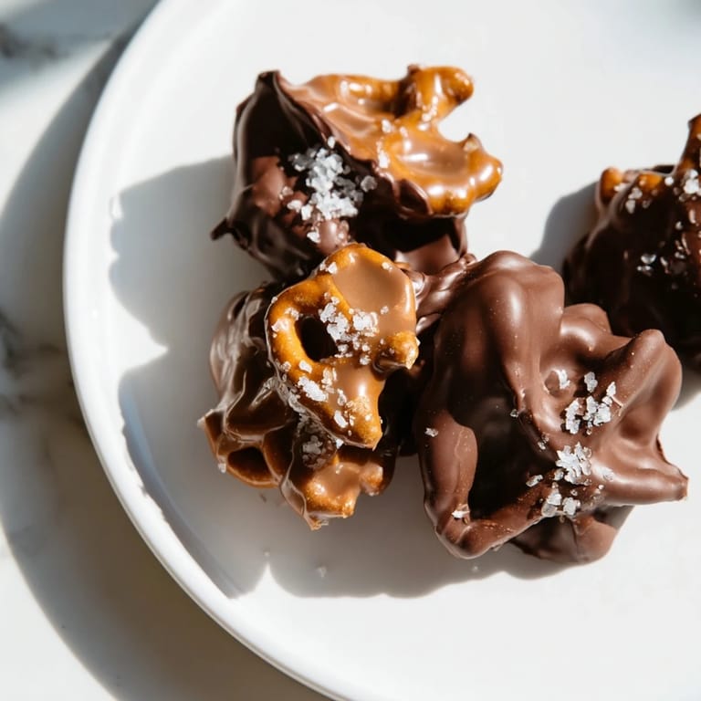 Melted chocolate drizzled over pretzel candy clusters, ready for a quick chill to set perfectly.