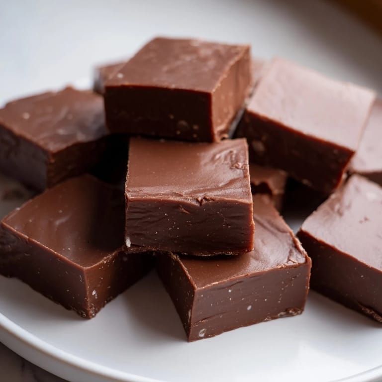 Homemade fudge, a classic American dessert, with a glossy, smooth chocolate surface.