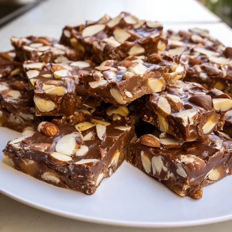 Buttery and crunchy English toffee, featuring melted chocolate and sprinkled with golden almonds.
