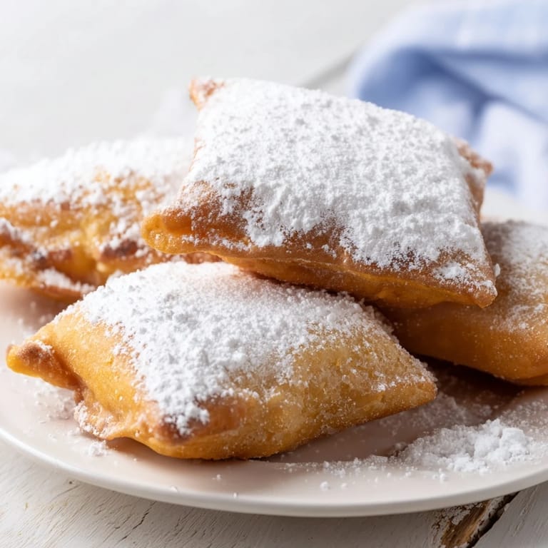 Warm, fluffy beignets, lightly crisp on the outside and airy within, ready to enjoy.