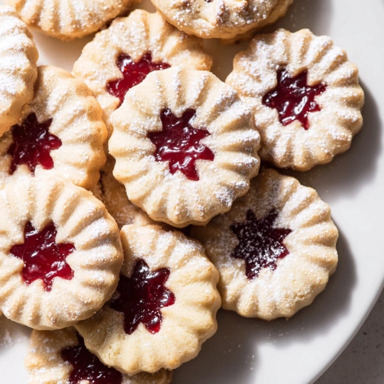Homemade Linzer Cookies: buttery almond cookies with sweet raspberry jam, perfect for dessert.
