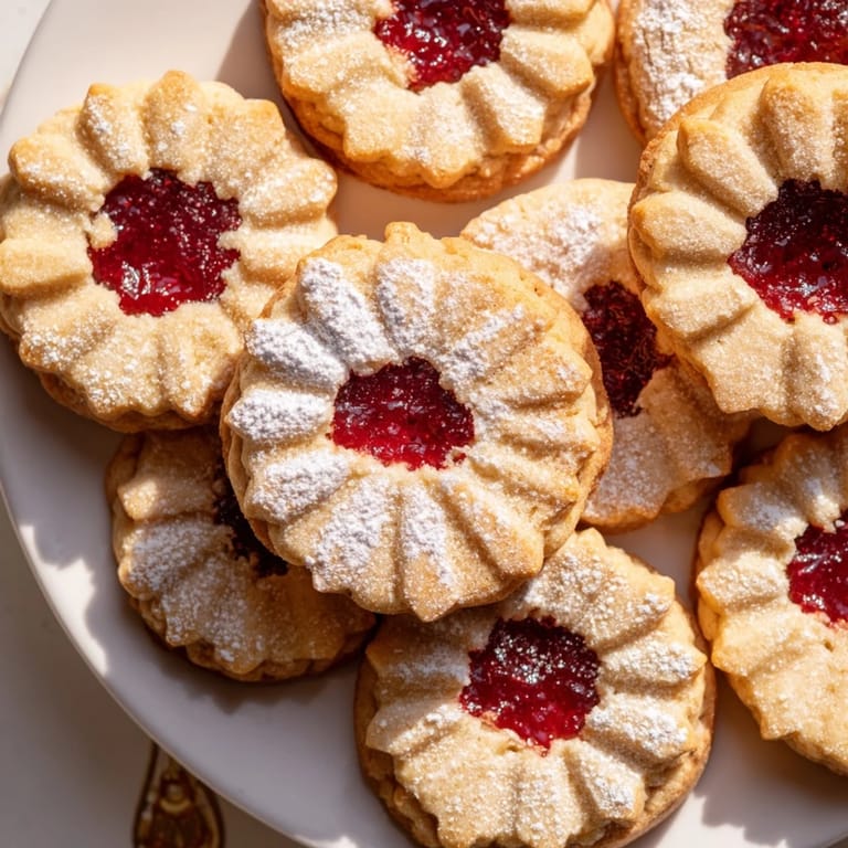 A close-up of beautifully decorated Linzer Cookies, showcasing the powdered sugar and lattice design.