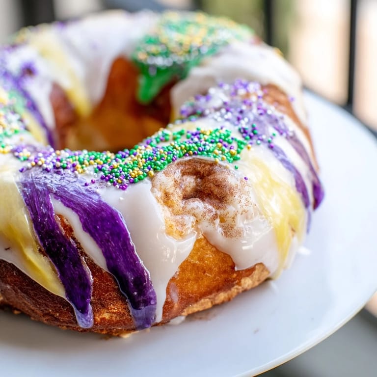 A close up shows the delicious, frosted King Cake sprinkled with colors for a festive treat.
