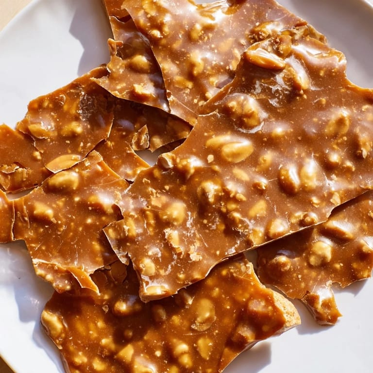 A close-up of Peanut Brittle reveals a thin, glassy candy showcasing generous peanut distribution.