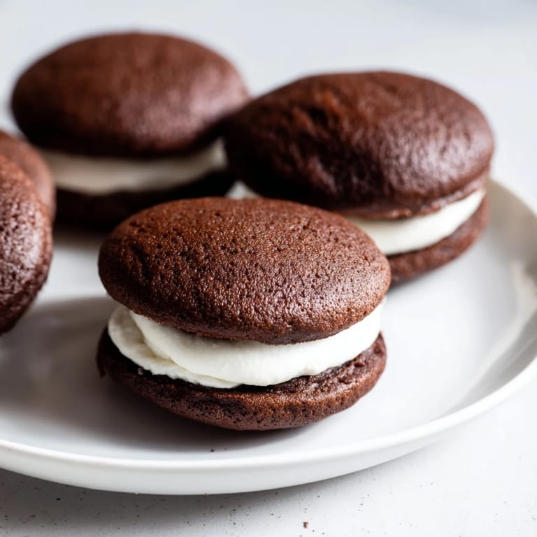 Soft and chocolatey, these homemade Whoopie Pies are stacked with creamy, sweet vanilla frosting.