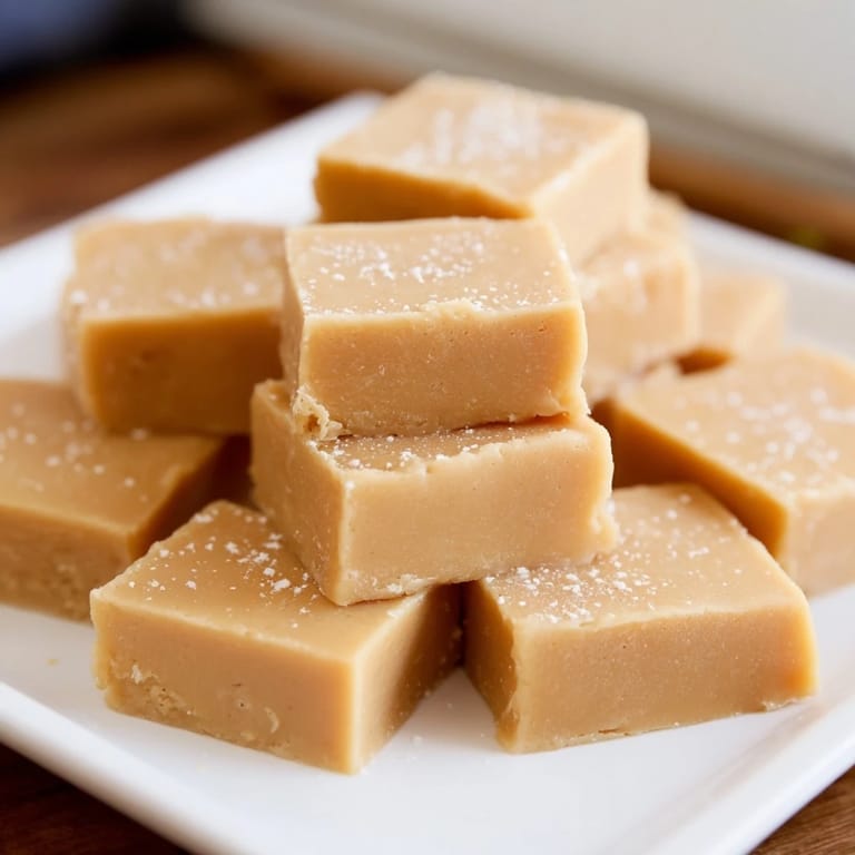 This Peanut Butter Fudge shows a close-up, revealing its rich, melt-in-your-mouth texture before slicing.