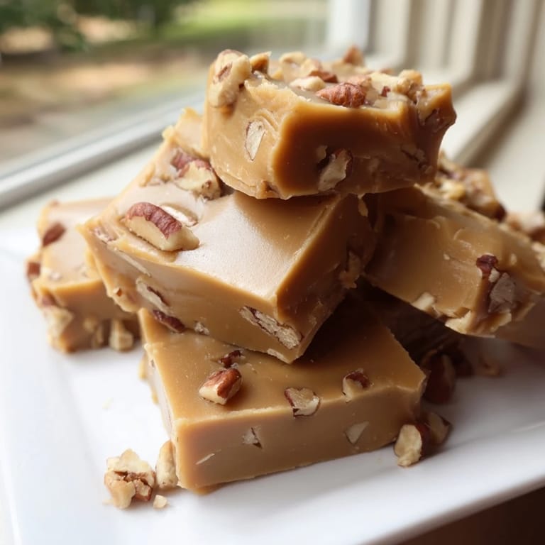 Golden-brown Penuche Fudge with optional pecans, offering rich brown sugar caramel flavor with coffee.