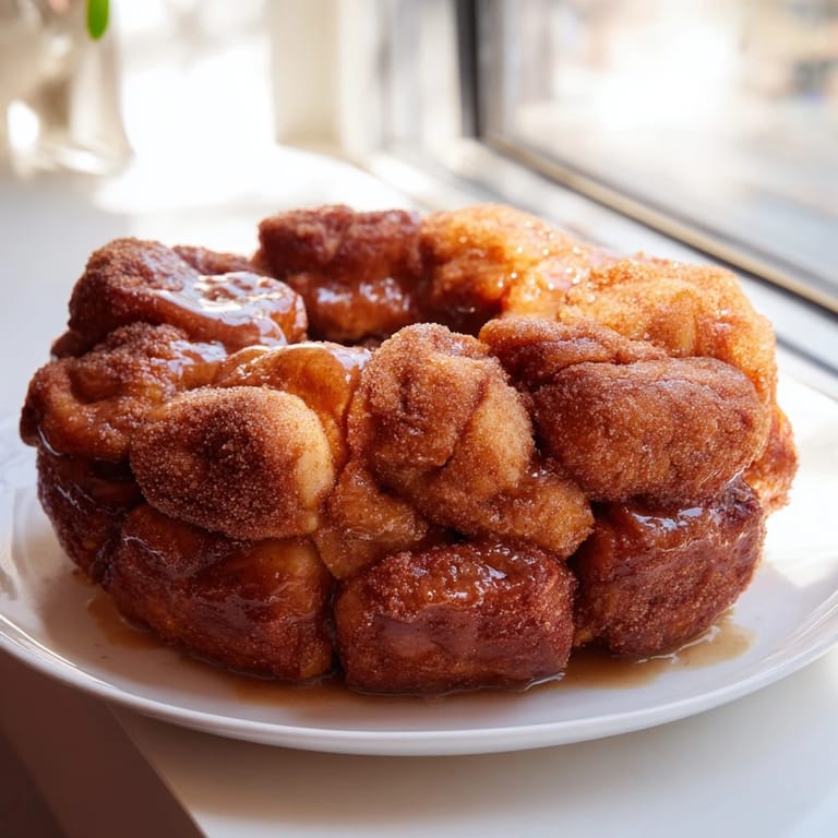 A bundt pan holds the finished Monkey Bread, a deliciously sticky, sweet treat with a golden crust.
