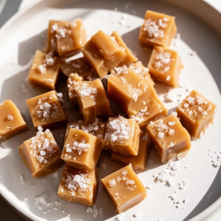 Close-up of freshly cut sea salt caramels showcasing their creamy, chewy texture and salt crystals.
