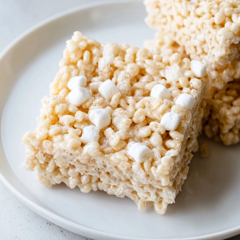 Rectangular pan of fresh Rice Krispie Treats with optional chocolate topping, a simple dessert.