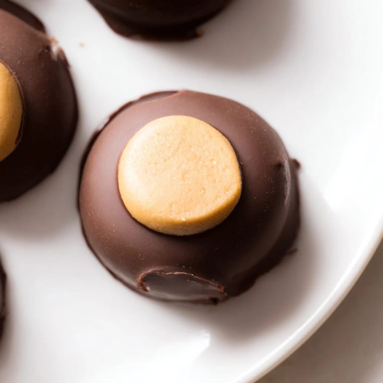 Homemade buckeyes: a close-up shows perfectly dipped peanut butter balls with visible peanut butter centers.