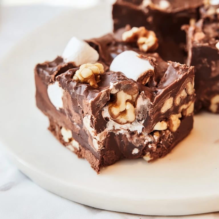 Square pieces of Rocky Road Fudge: rich chocolate, nuts, and marshmallows, perfect dessert.