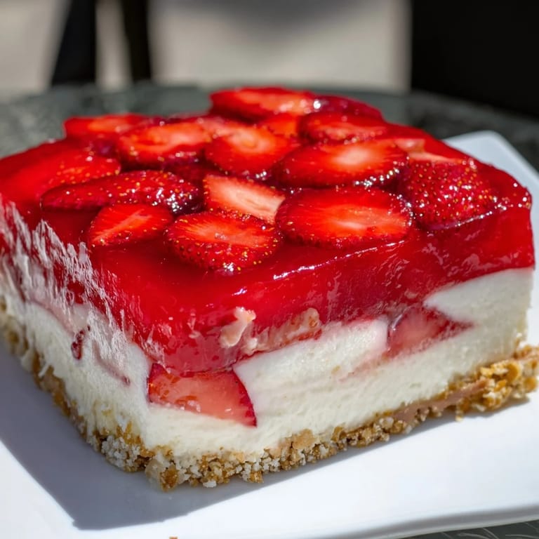 Close-up of a perfect slice of Strawberry Pretzel Salad, ready to be enjoyed on a warm day.