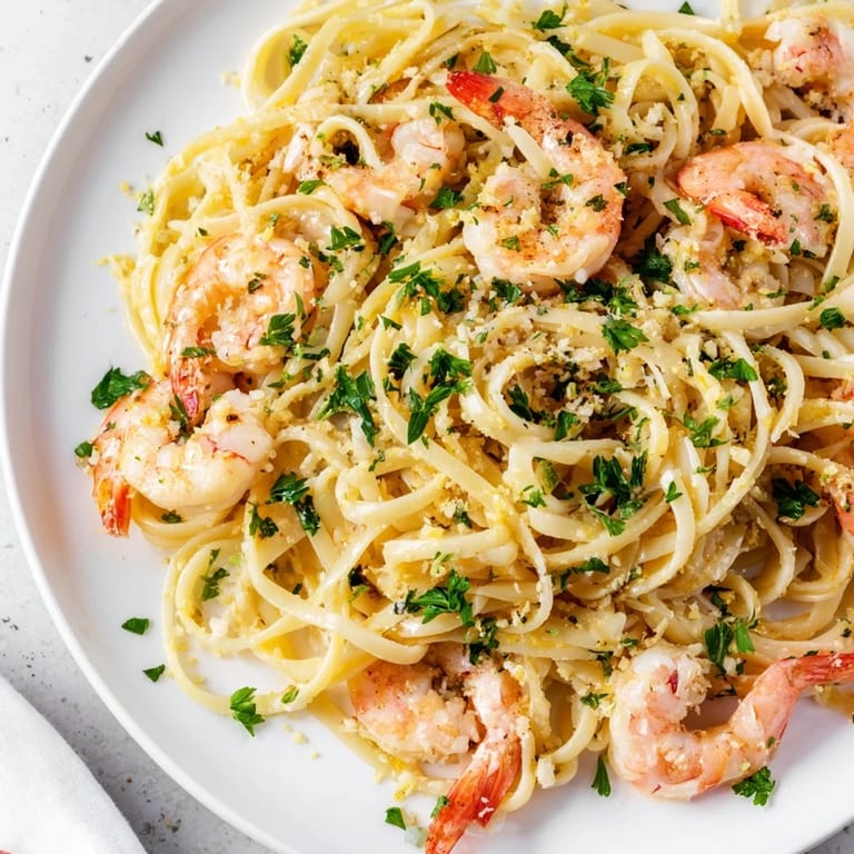 Close-up of al dente linguine tossed with succulent shrimp in a rich parmesan garlic cream sauce, ready to serve.