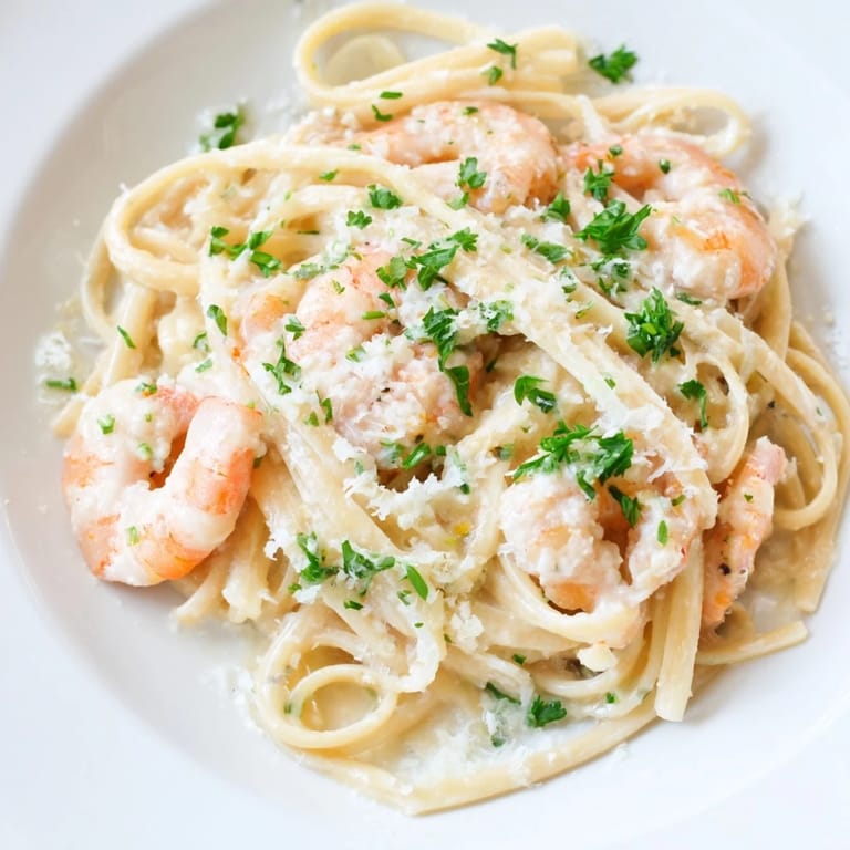 A skillet of creamy garlic shrimp pasta steams beside a glass of white wine, perfect for a comforting weeknight dinner.