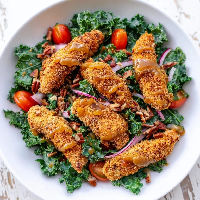 A serving of Crispy Chicken Kale Salad with golden chicken strips over massaged kale, ready to eat.