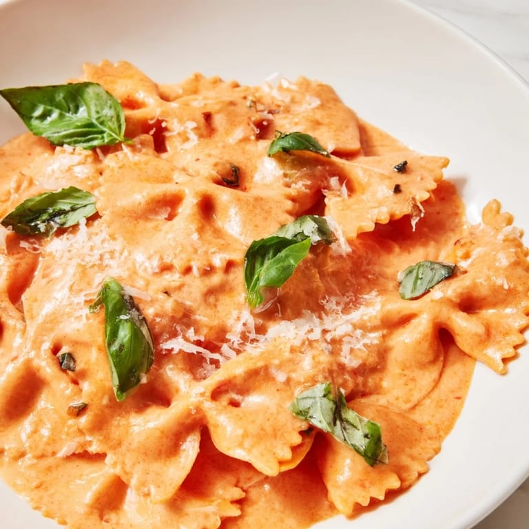 A close-up of Tomato Basil Bowtie Pasta, highlighting fresh basil leaves and grated Parmesan atop a vibrant red sauce.  