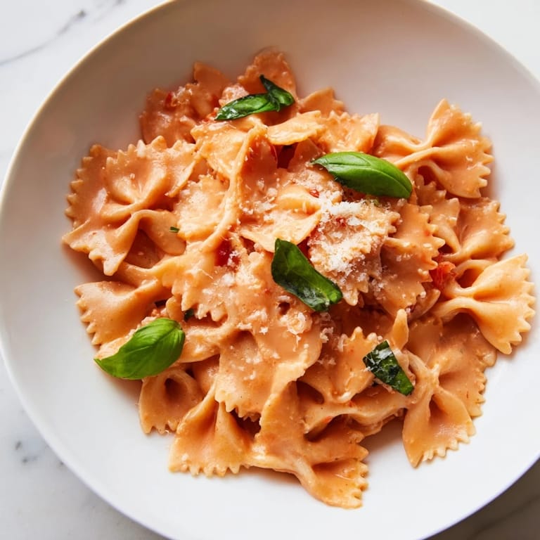 Hearty Tomato Basil Bowtie Pasta served in a rustic ceramic bowl, ready for a comforting weeknight dinner.