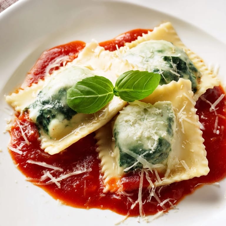 Tender ravioli filled with creamy ricotta and spinach, swimming in rich tomato sauce with a garlic aroma.  