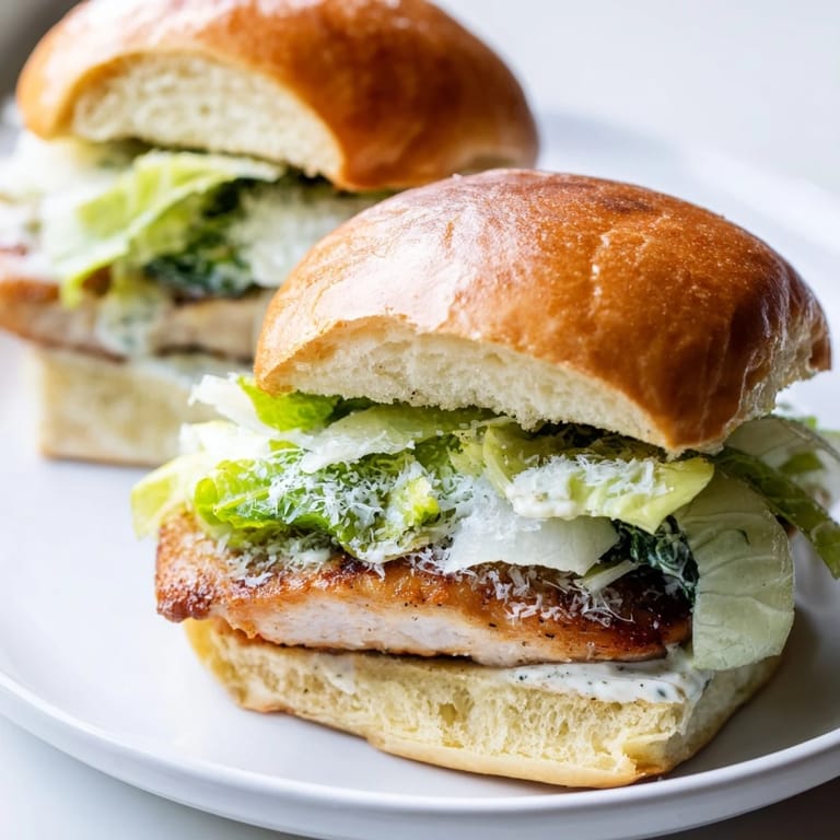 Golden-brown chicken cutlets layered with shredded romaine, tangy Caesar dressing, and melted Parmesan inside a perfectly toasted sandwich bun.