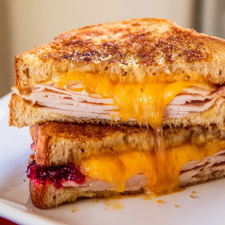 A close-up of a warm smoked turkey grilled cheese, revealing gooey cheddar and cranberry spread between buttery, crispy bread slices.