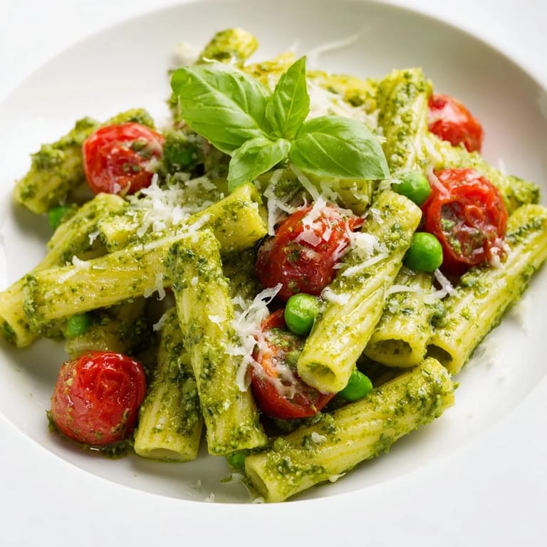A bowl of Green Pesto Pasta Salad garnished with fresh basil, ready for a summer picnic or light lunch.