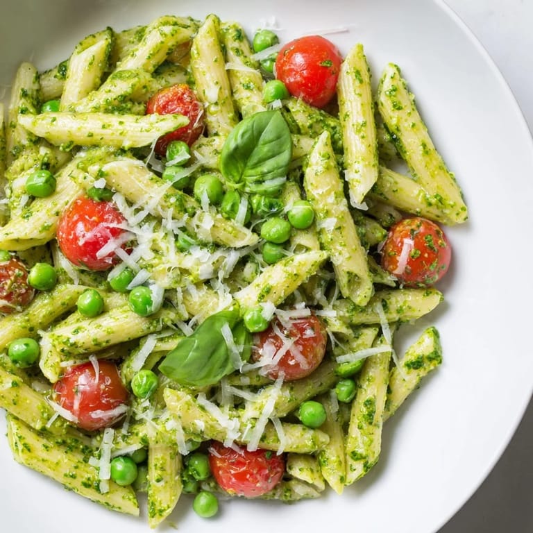 Easy Green Pesto Pasta Salad featuring juicy cherry tomatoes and sweet peas, drizzled with olive oil and Parmesan.