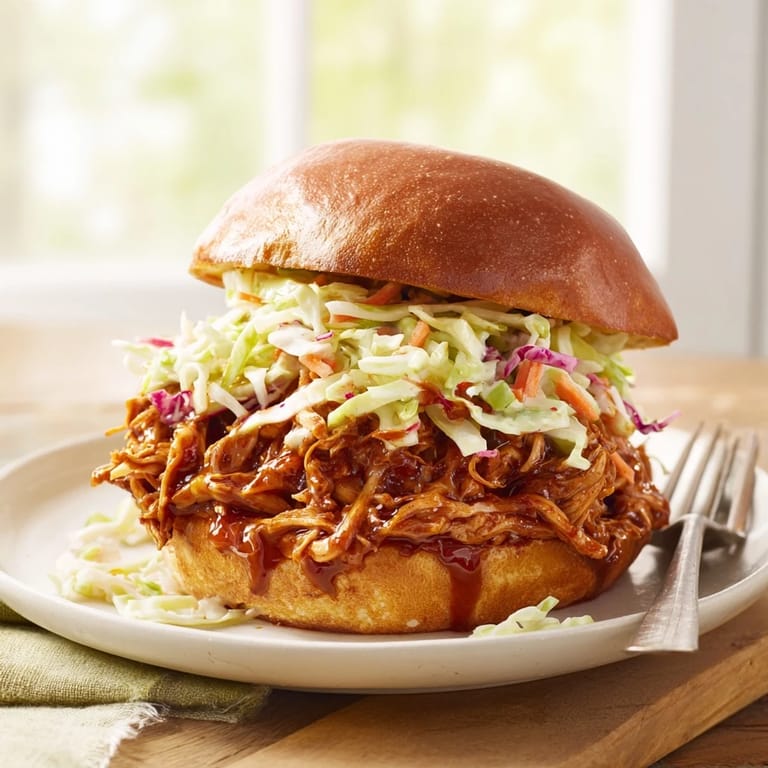 Savory pulled barbecue chicken meets crisp slaw on a golden brioche bun, a perfect handheld meal.