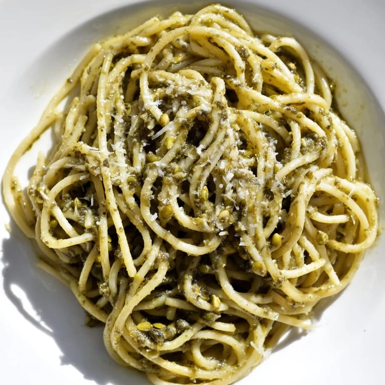 Close-up of creamy sunflower seed pesto pasta, basil specks and grated parmesan on top.